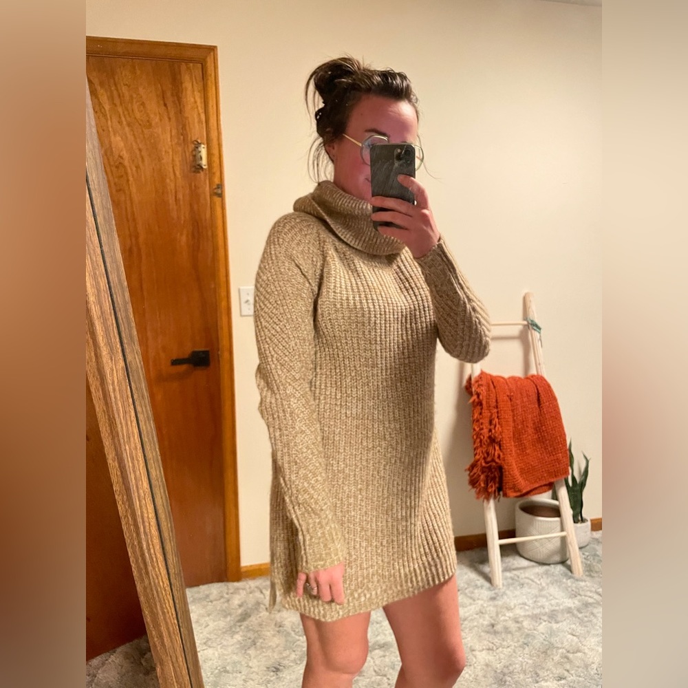 Perfect Cozy Sweater Dress with Chunky Turtleneck - Tan